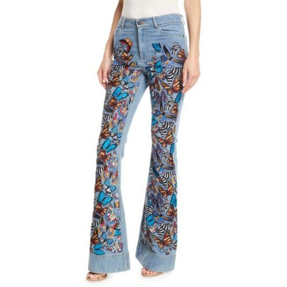Alice + Olivia Butterfly Embroidered Bell Jeans Size 24 Flared Bell Bottom - Picture 1 of 12